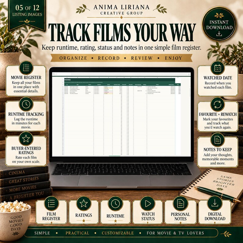 May include: A digital film tracker spreadsheet displayed on a laptop screen, featuring columns for movie titles, ratings, and runtime. The interface includes text labels for organizing, recording, and reviewing films, with icons for notes and watch status.