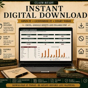 May include: A digital download product for home inventory tracking featuring a laptop displaying a Claim-Ready dashboard with data tables and a bar chart. The image includes text labels for Excel, Google Sheets, and fillable PDF compatibility.