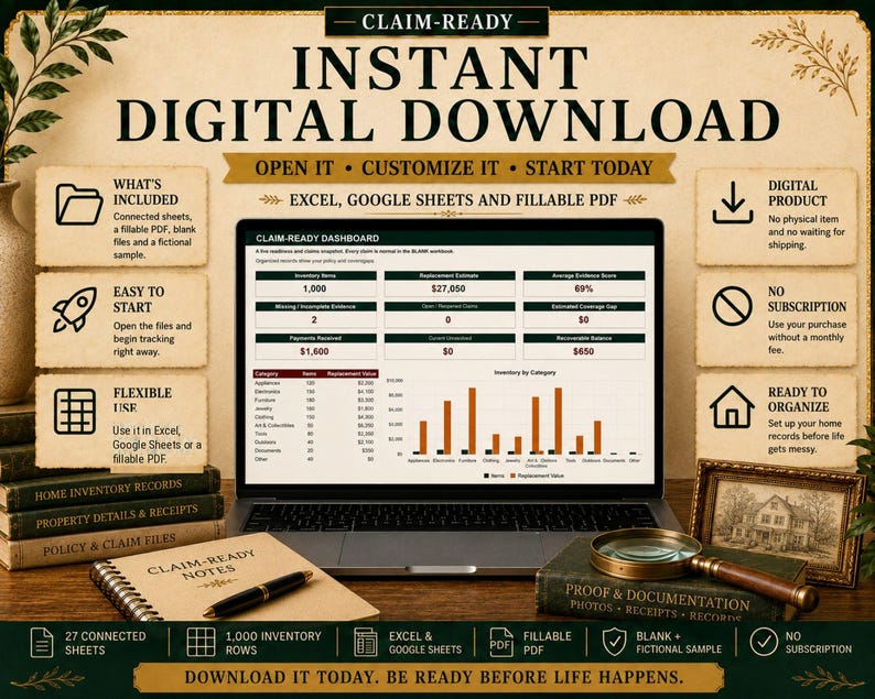 May include: A digital download product for home inventory tracking featuring a laptop displaying a Claim-Ready dashboard with data tables and a bar chart. The image includes text labels for Excel, Google Sheets, and fillable PDF compatibility.