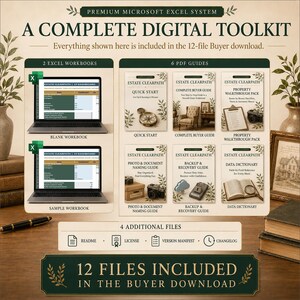 May include: A digital toolkit for estate management featuring two Excel workbooks, six PDF guides, and four additional files. The display includes text labels for Quick Start, Complete Buyer Guide, Property Walkthrough Pack, Photo & Document Naming Guide, Backup & Recovery Guide, and Data Dictionary, all presented in a cohesive, professional layout.