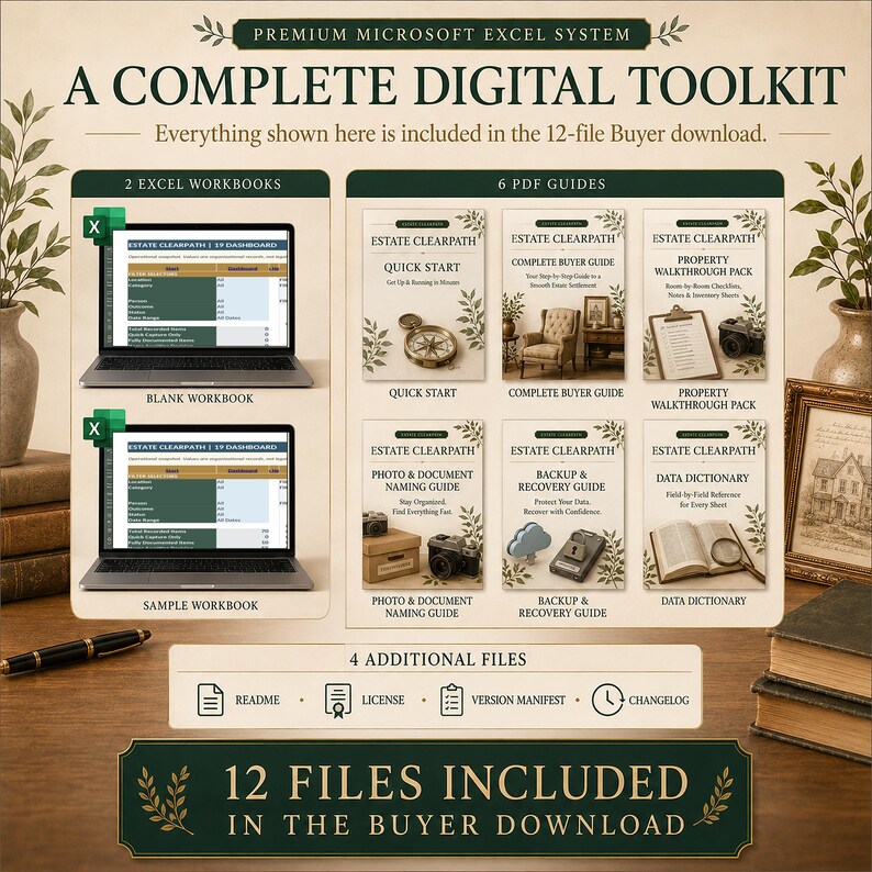 May include: A digital toolkit for estate management featuring two Excel workbooks, six PDF guides, and four additional files. The display includes text labels for Quick Start, Complete Buyer Guide, Property Walkthrough Pack, Photo & Document Naming Guide, Backup & Recovery Guide, and Data Dictionary, all presented in a cohesive, professional layout.