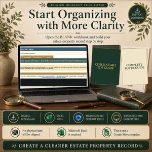 May include: A laptop displaying an estate property record system with the text Start Organizing with More Clarity. Includes a Quick Start PDF Guide, a Complete Buyer Guide, a magnifying glass, and a pen. Features digital download icons and system requirements.