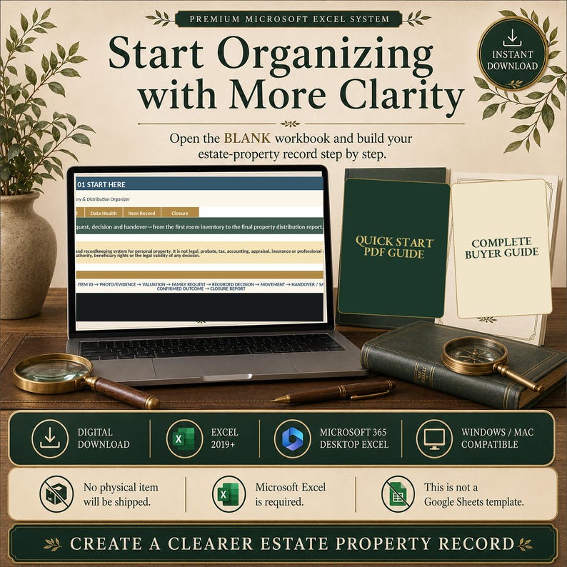 May include: A laptop displaying an estate property record system with the text Start Organizing with More Clarity. Includes a Quick Start PDF Guide, a Complete Buyer Guide, a magnifying glass, and a pen. Features digital download icons and system requirements.