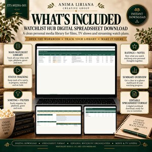 May include: A digital watchlist hub spreadsheet download for tracking films and TV shows. The graphic displays a laptop and two tablets showing spreadsheet interfaces, surrounded by text boxes detailing features like ratings, notes, and status tracking.