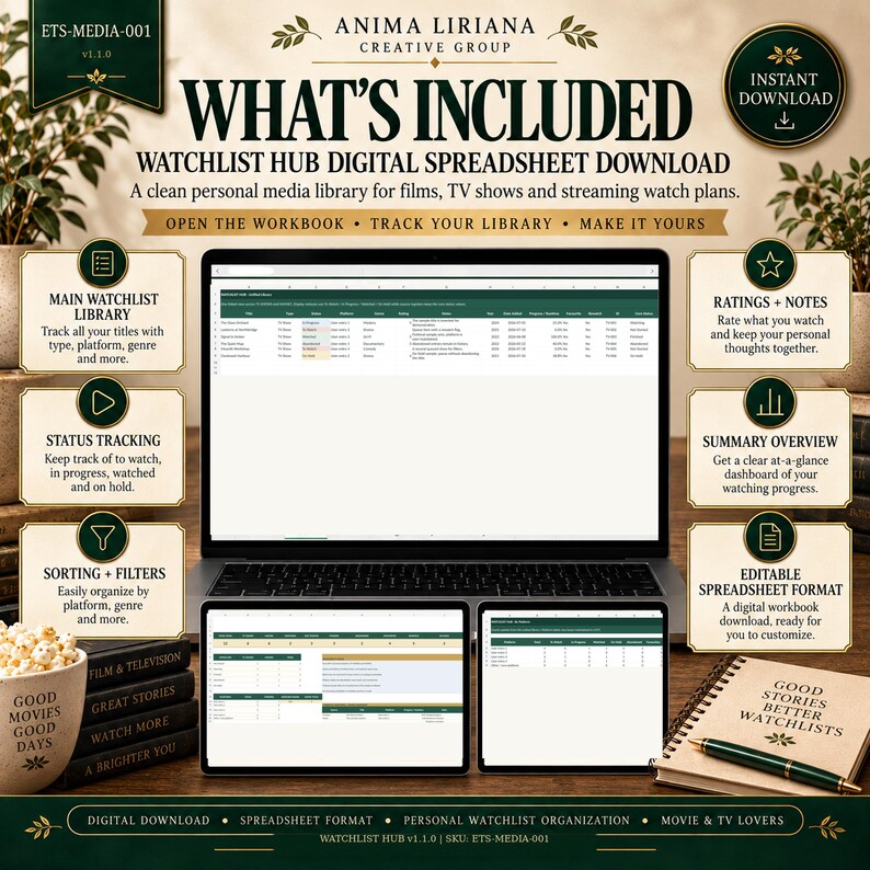 May include: A digital watchlist hub spreadsheet download for tracking films and TV shows. The graphic displays a laptop and two tablets showing spreadsheet interfaces, surrounded by text boxes detailing features like ratings, notes, and status tracking.
