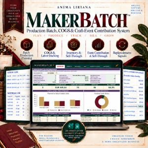 Puede incluir: Un sistema de gestión empresarial digital titulado MAKERBATCH mostrado en una pantalla de portátil, con un panel de control con datos de producción, inventario y ventas. La interfaz incluye gráficos, tablas y métricas financieras para el seguimiento de operaciones.