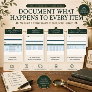 May include: A digital Microsoft Excel system for tracking item journeys, featuring four numbered steps: family requests, recorded decisions, handovers, and final outcomes. Includes a notebook, pen, magnifying glass, and books on a wooden surface.