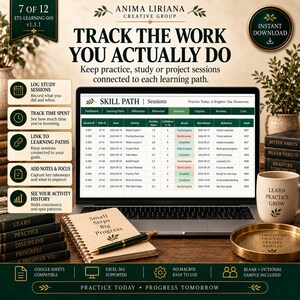 May include: A digital learning tracker displayed on a laptop screen, featuring a table with columns for session ID, date, activity, duration, confidence, and reflection. The screen shows the text Skill Path and Practice Today, A Brighter You Tomorrow.