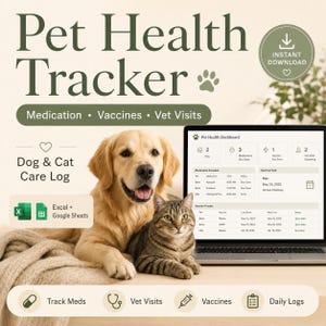 Gesundheits-Tracker für Haustiere (Tabellenkalkulation), Medikamentenprotokoll für Hunde und Katzen, Impf- und Tierarztbesuchs-Tracker, Excel Google Sheets