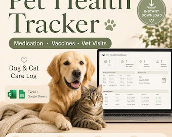 Pet Health Tracker Spreadsheet, Dog Cat Medication Log, Vaccine & Vet Visit Tracker, Excel Google Sheets
