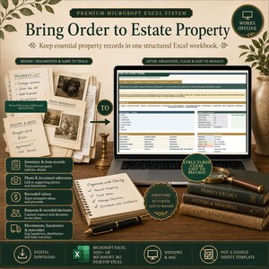 May include: A digital Microsoft Excel system for estate property management displayed on a laptop screen. The image includes a notepad with handwritten notes, a pen, a magnifying glass, and three stacked books labeled Family Legacy, Letters & Memories, and A Life Remembered.