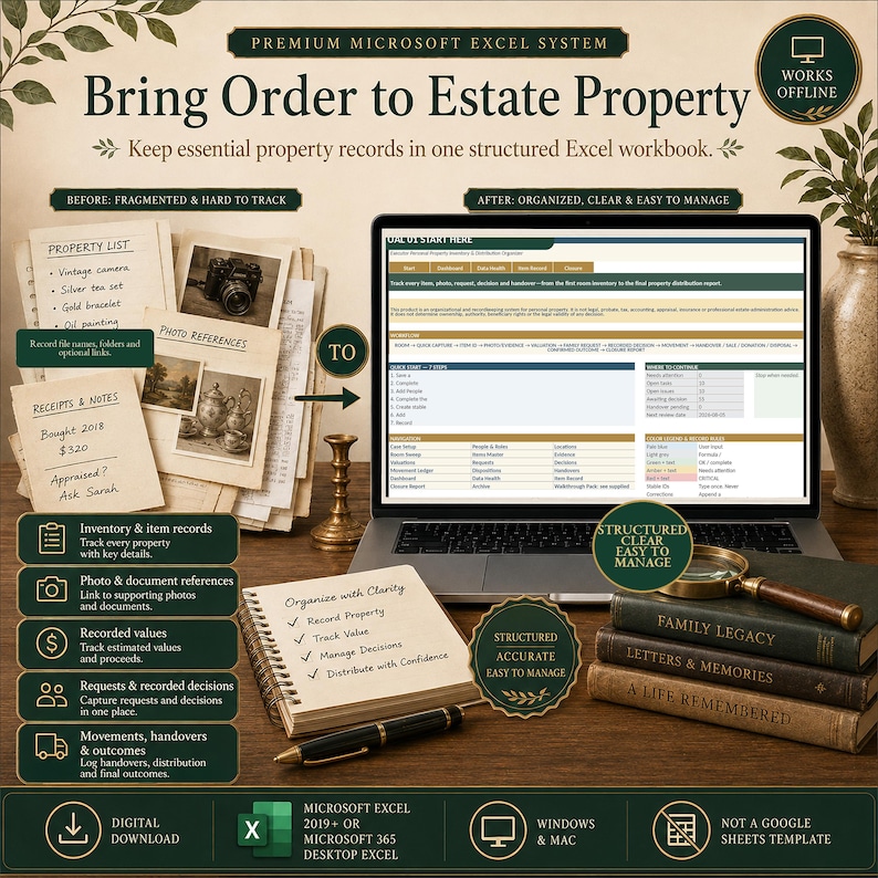 May include: A digital Microsoft Excel system for estate property management displayed on a laptop screen. The image includes a notepad with handwritten notes, a pen, a magnifying glass, and three stacked books labeled Family Legacy, Letters & Memories, and A Life Remembered.