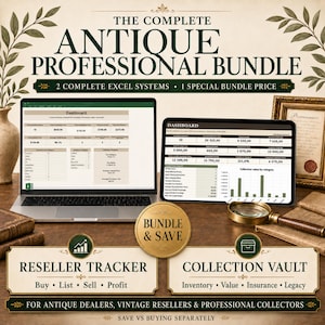 May include: A digital bundle featuring two Excel systems for antique dealers and collectors. The display shows a laptop and tablet with dashboard interfaces, a gold BUNDLE & SAVE seal, and text labels for Reseller Tracker and Collection Vault.