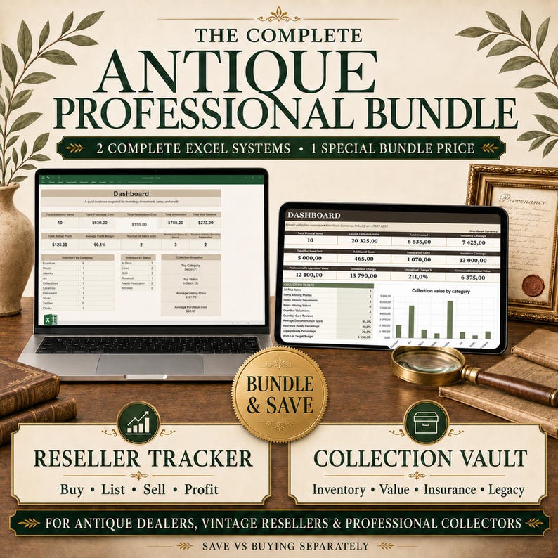 May include: A digital bundle featuring two Excel systems for antique dealers and collectors. The display shows a laptop and tablet with dashboard interfaces, a gold BUNDLE & SAVE seal, and text labels for Reseller Tracker and Collection Vault.