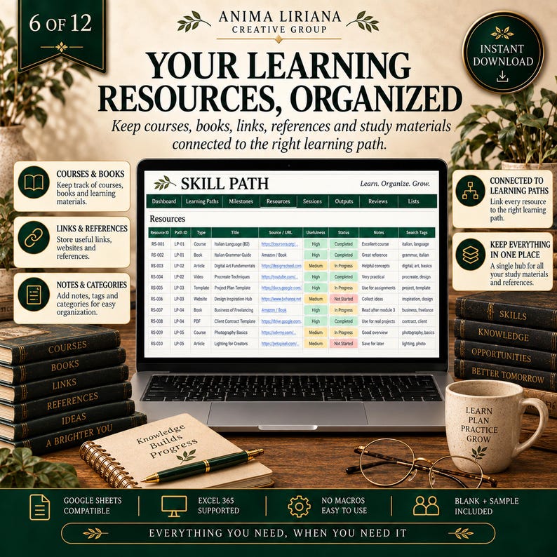 May include: A digital learning organizer displayed on a laptop screen, featuring a spreadsheet titled SKILL PATH. The setup includes a stack of books labeled with study categories, a notebook with the text Knowledge Builds Progress, and a mug.