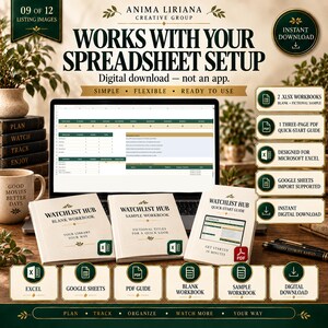 May include: A digital spreadsheet product for tracking media, featuring a laptop screen displaying a data table, two printed workbooks labeled Watchlist Hub, and a quick-start guide. Includes icons for Excel, Google Sheets, and PDF downloads.