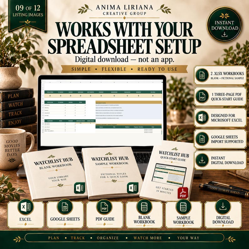 May include: A digital spreadsheet product for tracking media, featuring a laptop screen displaying a data table, two printed workbooks labeled Watchlist Hub, and a quick-start guide. Includes icons for Excel, Google Sheets, and PDF downloads.
