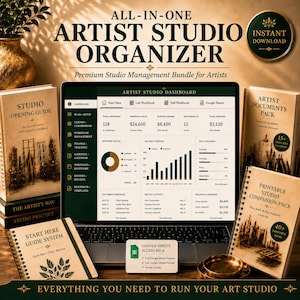 May include: An artist studio organizer bundle with a laptop displaying a dashboard, surrounded by books and a Google Sheets access pack. The text reads "ALL-IN-ONE ARTIST STUDIO ORGANIZER" and "EVERYTHING YOU NEED TO RUN YOUR ART STUDIO."