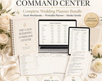May include: The Calm Wedding Command Center bundle includes a spiral-bound planner, a laptop displaying a budget overview, a tablet showing a wedding day timeline, and printed sheets for checklists, vendor directories, and email templates.