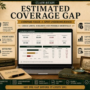 May include: A laptop displaying a Claim-Ready dashboard with an Estimated Coverage Gap analysis. The screen shows tables and charts comparing replacement estimates, policy limits, and sublimits. Surrounding the laptop are books, a notebook labeled Claim Notes, a pen, and a magnifying glass on a book titled Proof & Documentation.