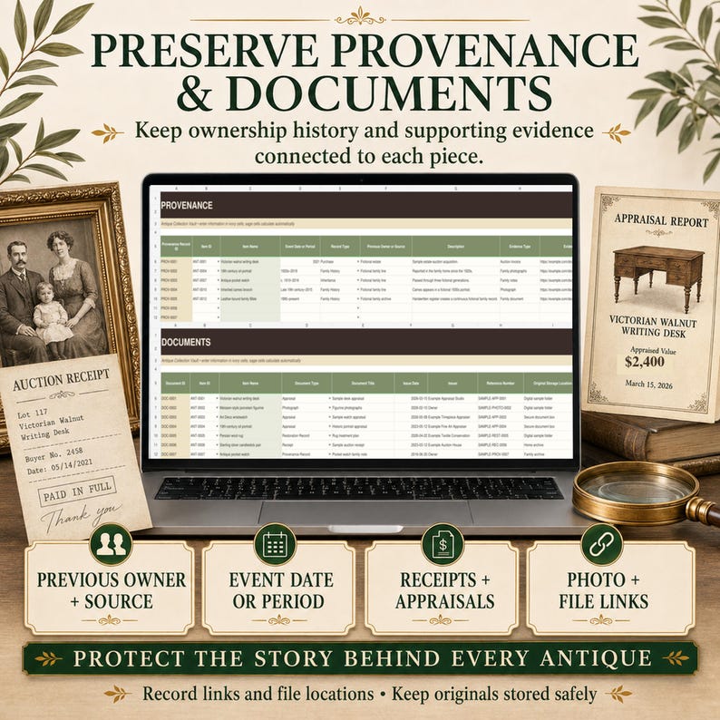 Real provenance and document worksheets for recording previous owners, sources, event dates, receipts, appraisals, supporting evidence and photo or file locations.