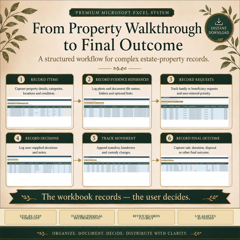 May include: A digital infographic titled Premium Microsoft Excel System: From Property Walkthrough to Final Outcome. It displays a six-step workflow for estate-property records, featuring numbered boxes with spreadsheet previews and descriptive text.