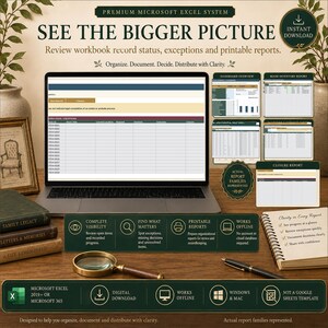 May include: A digital Microsoft Excel system for tracking workbook records, exceptions, and reports. The display shows a laptop screen with a spreadsheet, alongside smaller report previews, a magnifying glass, and a notebook on a desk.
