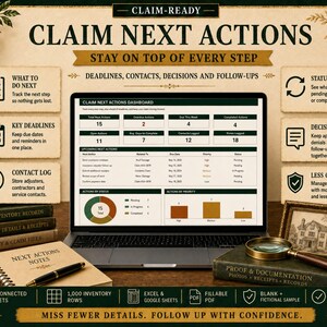 May include: A laptop displaying a Claim Next Actions dashboard with data tables, a pie chart, and a bar graph. The screen shows text including Claim Next Actions, Total Next Actions, and Upcoming Next Actions. Surrounding the laptop are notebooks, books, and a magnifying glass on a desk.