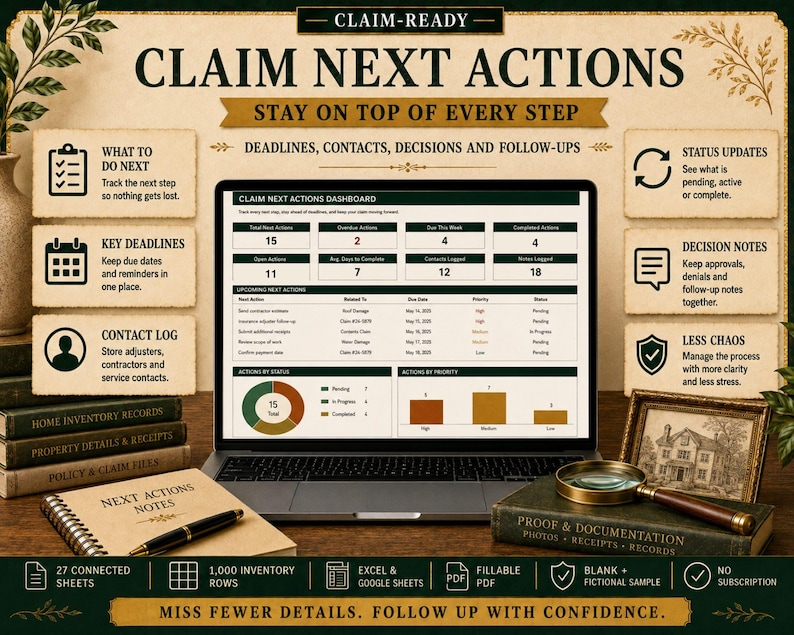 May include: A laptop displaying a Claim Next Actions dashboard with data tables, a pie chart, and a bar graph. The screen shows text including Claim Next Actions, Total Next Actions, and Upcoming Next Actions. Surrounding the laptop are notebooks, books, and a magnifying glass on a desk.