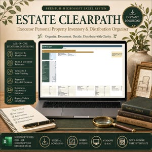 Op de afbeelding: Een digitale boedel-inventaris en distributie-organizer genaamd Estate Clearpath weergegeven op een laptopscherm. De interface toont voorbeeldgegevens voor administratie, inclusief inventaris, waardebepalingen en het volgen van de verdeling.