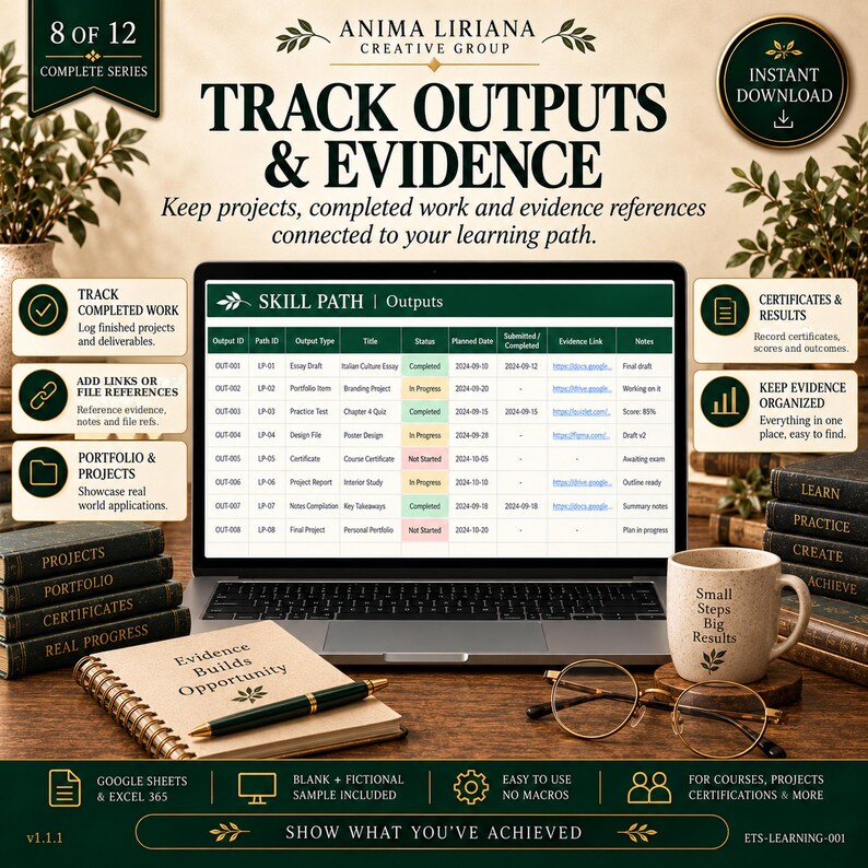 May include: A digital spreadsheet template titled Track Outputs & Evidence displayed on a laptop screen, accompanied by a notebook labeled Evidence Builds Opportunity, a pen, and a mug with the text Small Steps Big Results.