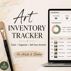 May include: An art inventory tracker with the text "Art Inventory Tracker" and the words "Track, Organise, Sell Your Artwork". A laptop displays a dashboard with artwork details. A paintbrush is on the left side of the image. The text "For Artists & Studios" is also visible.