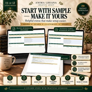 May include: A digital product listing graphic featuring two laptop screens displaying spreadsheet workbooks, a tablet showing a Watchlist Hub, a mug with text, and a pen. Text includes Anima Liriana Creative Group, Start With Sample, Make It Yours, and various feature labels.