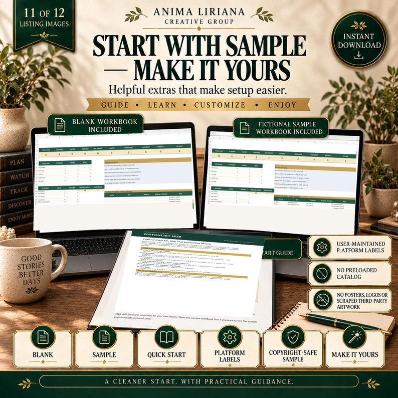 May include: A digital product listing graphic featuring two laptop screens displaying spreadsheet workbooks, a tablet showing a Watchlist Hub, a mug with text, and a pen. Text includes Anima Liriana Creative Group, Start With Sample, Make It Yours, and various feature labels.