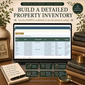 May include: A digital Microsoft Excel system for property inventory displayed on a laptop screen. The interface shows columns for category, maker, model, era, material, and condition. Six dark green buttons highlight features like item IDs, location records, and value fields.