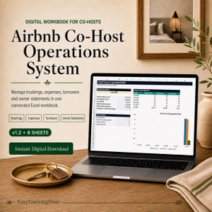 May include: A digital workbook for co-hosts titled Airbnb Co-Host Operations System displayed on a laptop screen. The spreadsheet shows a portfolio dashboard with performance metrics, revenue charts, and management fees for July 2026.