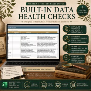 May include: A laptop screen displays a Microsoft Excel data health check system with columns for record ID, problem, and required action. The interface includes features for duplicate ID warnings, unknown reference checks, and closure safeguards.