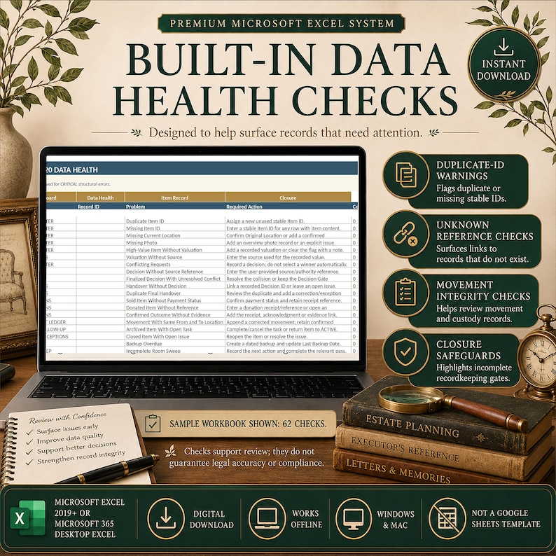 May include: A laptop screen displays a Microsoft Excel data health check system with columns for record ID, problem, and required action. The interface includes features for duplicate ID warnings, unknown reference checks, and closure safeguards.