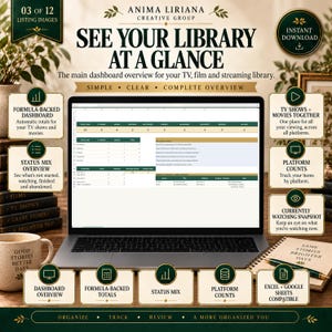 May include: A laptop screen displaying a digital dashboard for tracking TV shows and movies, featuring tables for status, platform counts, and formula-backed totals. The interface includes text headers like SEE YOUR LIBRARY AT A GLANCE and various informational boxes detailing features for organizing and reviewing media collections.