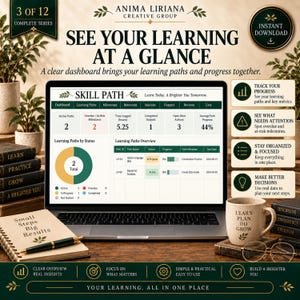 May include: A laptop screen displays a digital learning dashboard titled Skill Path with metrics, progress charts, and status tables. The setup includes a notebook with the text Small Steps Big Results, a pen, a mug with the text Learn Plan Do Grow, and books.
