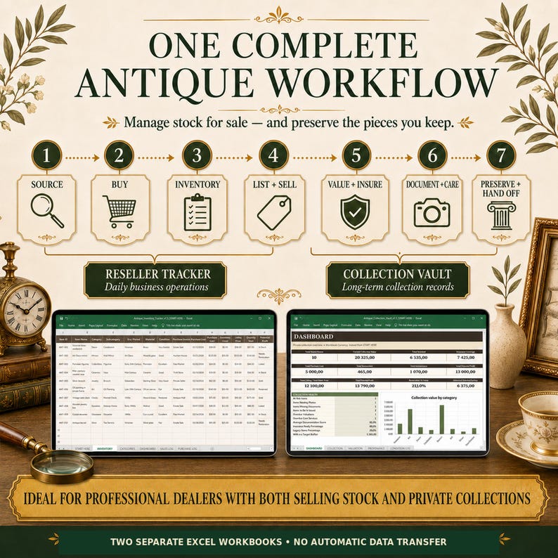 Seven-step antique workflow covering sourcing, buying, inventory, listing, selling, valuation, insurance, documentation, care and handoff across two separate Excel workbooks.