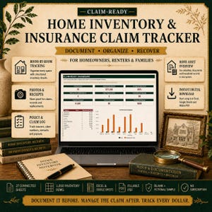 May include: A digital home inventory and insurance claim tracker displayed on a laptop screen, surrounded by a notebook, a magnifying glass, and informational text boxes detailing features like room-by-room tracking, asset overviews, and claim logs.