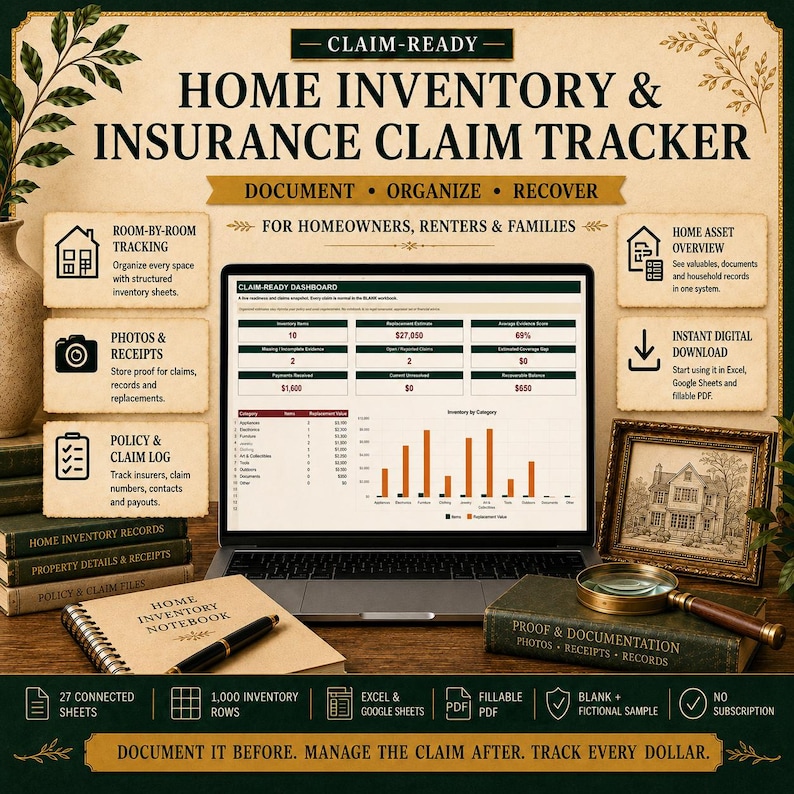 May include: A digital home inventory and insurance claim tracker displayed on a laptop screen, surrounded by a notebook, a magnifying glass, and informational text boxes detailing features like room-by-room tracking, asset overviews, and claim logs.