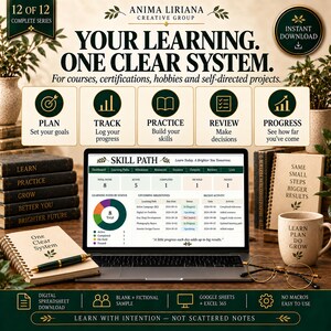 May include: A digital learning system dashboard displayed on a laptop screen, surrounded by notebooks, a mug, and glasses. The screen shows a Skill Path interface with charts, progress tracking, and milestones. Text includes Your Learning. One Clear System.