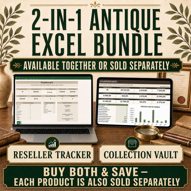 May include: A 2-in-1 antique Excel bundle featuring a laptop and tablet displaying dashboard spreadsheets. The text reads 2-IN-1 ANTIQUE EXCEL BUNDLE, AVAILABLE TOGETHER OR SOLD SEPARATELY, RESELLER TRACKER, COLLECTION VAULT, and BUY BOTH & SAVE.