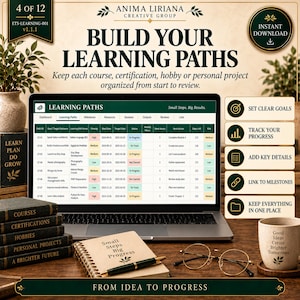 May include: A digital learning path planner displayed on a laptop screen, featuring a spreadsheet with columns for goals, status, and dates. The scene includes a spiral notebook with the text Small Steps Big Progress, a pen, glasses, and a mug.