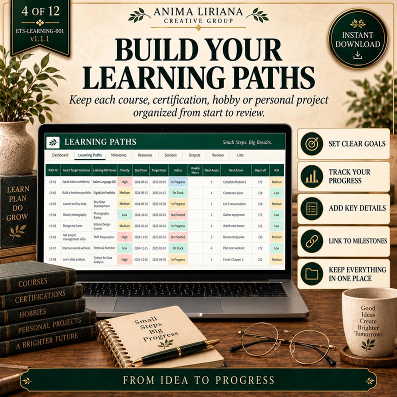 May include: A digital learning path planner displayed on a laptop screen, featuring a spreadsheet with columns for goals, status, and dates. The scene includes a spiral notebook with the text Small Steps Big Progress, a pen, glasses, and a mug.