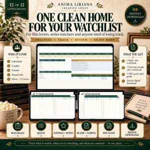 May include: A digital organization tool for tracking movies and television shows, featuring a computer monitor and two tablets displaying spreadsheet interfaces with columns for titles, platforms, and progress, alongside text headers and icons.