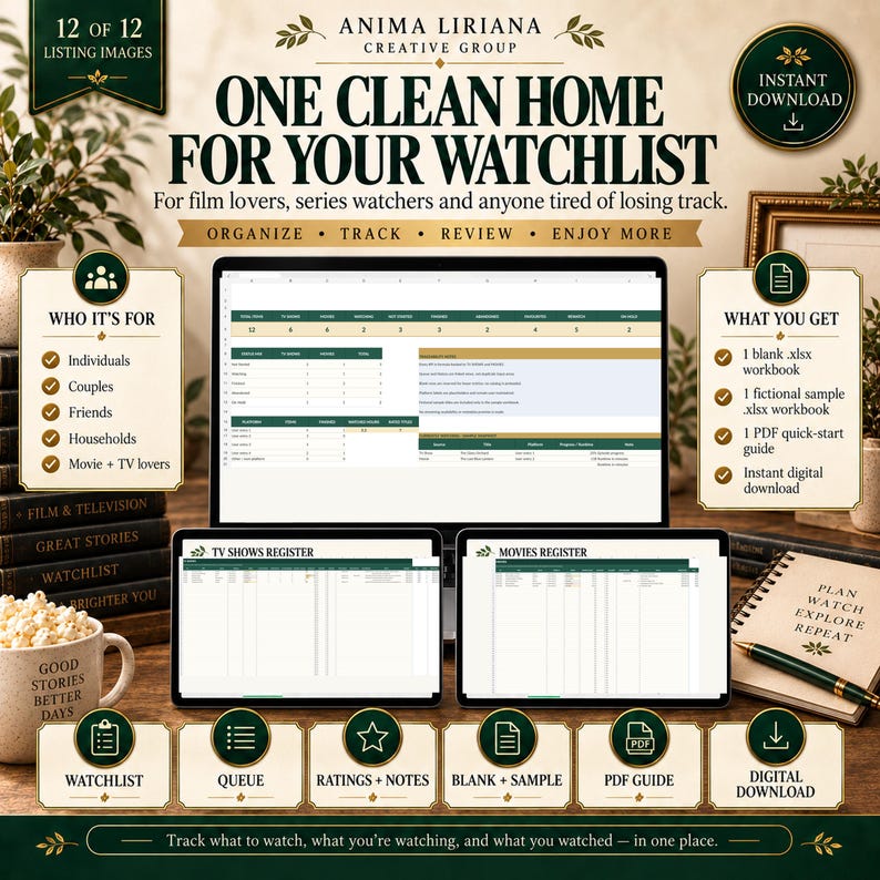 May include: A digital organization tool for tracking movies and television shows, featuring a computer monitor and two tablets displaying spreadsheet interfaces with columns for titles, platforms, and progress, alongside text headers and icons.