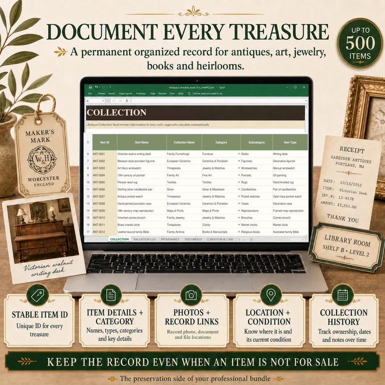 Real Collection Vault inventory worksheet with stable item IDs, categories, record and photo locations, condition details and collection history for up to 500 items.